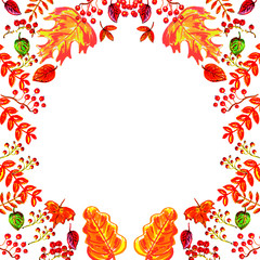 Watercolor illustration: frame of colored autumn leaves on a white background