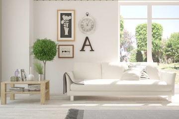 Stylish room in white color with sofa and summer landscape in window. Scandinavian interior design. 3D illustration