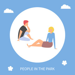 Fototapeta premium Friends spending time together, cartoon people sitting on carpet and talking, happy weekend with friend. Vector two women discussing something on rug, isolated ladies flat stye