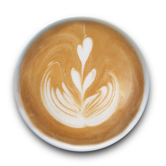 Top view of a mug of latte art coffee isolted on white background.
