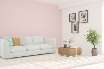 Stylish room in white color with sofa. Scandinavian interior design. 3D illustration