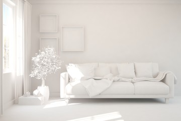 Mock up of stylish room in white color with sofa. Scandinavian interior design. 3D illustration
