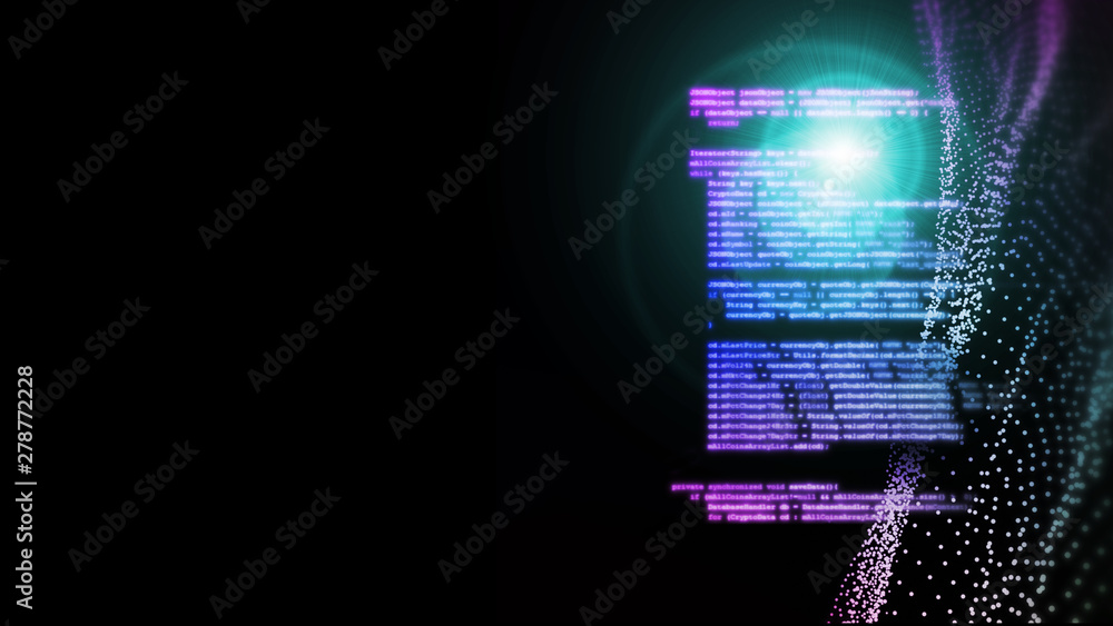 Poster 3d rendering of abstract technology background. software coding on glowing led flare light on dot wa