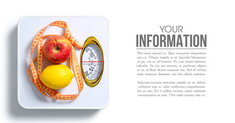The weighing scale centimeter apple lemon pattern on a white background isolation