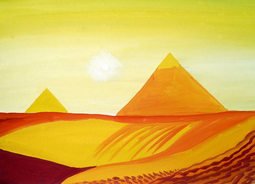 Drawing of bright Egyptian desert landscape, yellow sand