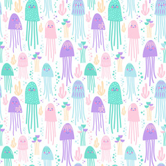 Seamless vector pattern with jellyfish in pastel colors.