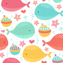 Seamless vector pattern with cute whales, steamboats and starfish in kids style.