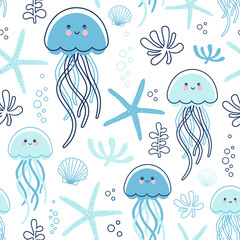 Modèle sans couture élégant avec des méduses, des coquillages, des étoiles de mer et des plantes aquatiques. Fond marin de vecteur.