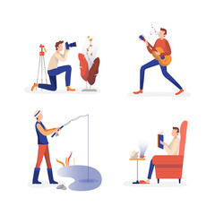 Fototapeta na wymiar Males enjoying free time activities, flat persons vector illustration collection