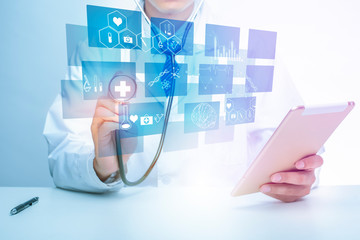 Close up of Doctor is showing medical analytics data, Medical technology concept