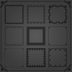 Vintage set of black elements. Different square elements for decoration and design frames, cards, menus, backgrounds and monograms. Classic patterns. Set of vintage patterns