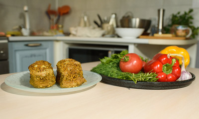 Delicious pastrami with fresh vegetables on the table