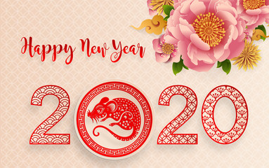  Happy chinese new year 2020 year of the rat ,paper cut rat character,flower and asian elements with craft style on background.  (Chinese translation : Happy chinese new year 2020, year of rat)