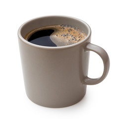 Black coffee in a grey ceramic mug isolated on white.
