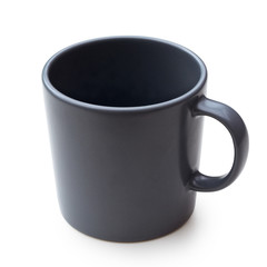 Empty blue-grey ceramic mug isolated on white.