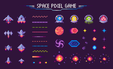 Fototapeta na wymiar Space pixel game vector, isolated icons of 8 bit graphics, lines and planets, meteors with aliens and monsters, decorative elements of gaming process, pixelated cosmic object for mobile app games