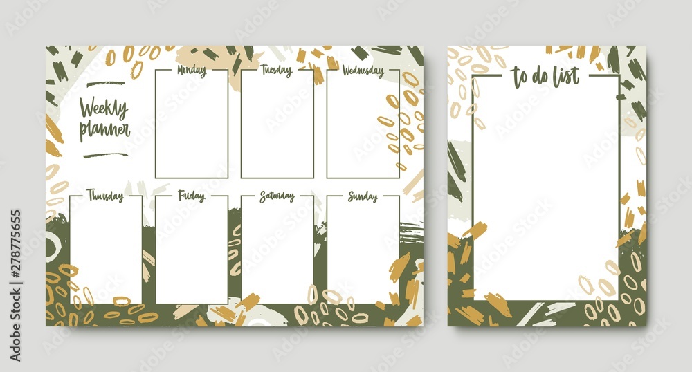 Poster Bundle of weekly planner and to-do-list templates with frame decorated by green brush strokes, paint traces and scribble. Printable pages for task and appointment planner. Modern vector illustration.