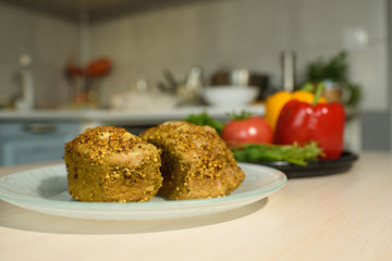 Delicious pastrami with fresh vegetables on the table