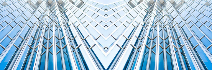 underside panoramic and perspective view to steel blue glass high rise building skyscrapers, business concept of successful industrial architecture