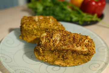 Delicious pastrami with fresh vegetables on the table