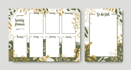 Bundle of weekly planner and to-do-list templates with frame decorated by green brush strokes, paint traces and scribble. Printable pages for task and appointment planner. Modern vector illustration.