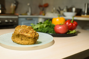 Delicious pastrami with fresh vegetables on the table