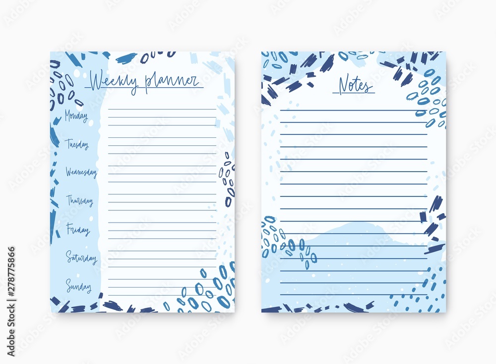 Poster Set of weekly planner and list for notes templates decorated by abstract paint traces and scribble. Printable pages for diary or reminder for task organization. Modern artistic vector illustration.