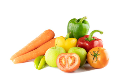 Fresh fruit, vegetables and wholegrains organic pepper, tomato, apple on isolated background. Free text copy space concept.