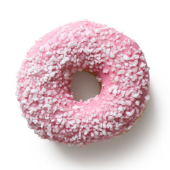 Pink frosted donut sprinkled with crystal sugar isolated on white from above.