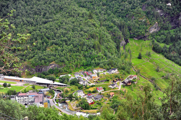 Fototapeta na wymiar Aerial view of Geiranger village on fjord