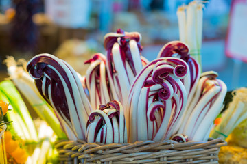 Radicchio tardivo, italian red chicory, red salad healthy vegetables on the market, close up