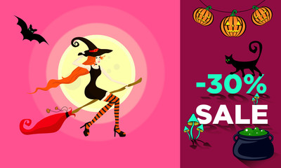 Flyer or banner with a 30% discount on sale in honor of Halloween. Young beautiful girl dressed as a witch flies on a broom in the direction of the sale