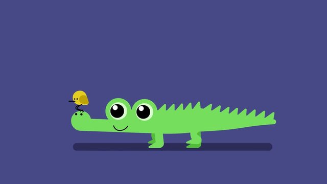 100 baby animals. Walk cycle of a baby alligator with yellow bird. 2D animation made in 4K, loopable clip with alpha channel. Copy space