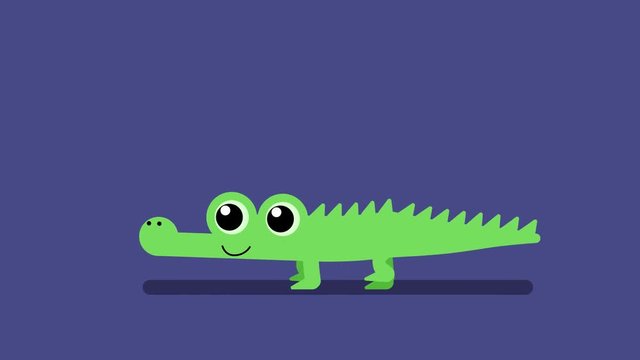 100 baby animals. Walk cycle of a baby alligator. 2D animation made in 4K, loopable clip with alpha channel. Copy space