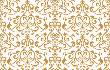 Wallpaper in the style of Baroque. Seamless vector background. White and gold floral ornament. Graphic pattern for fabric, wallpaper, packaging. Ornate Damask flower ornament