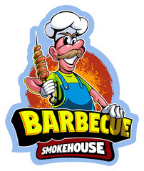Cartoon style chef master in a cap, barbecue vector logo.