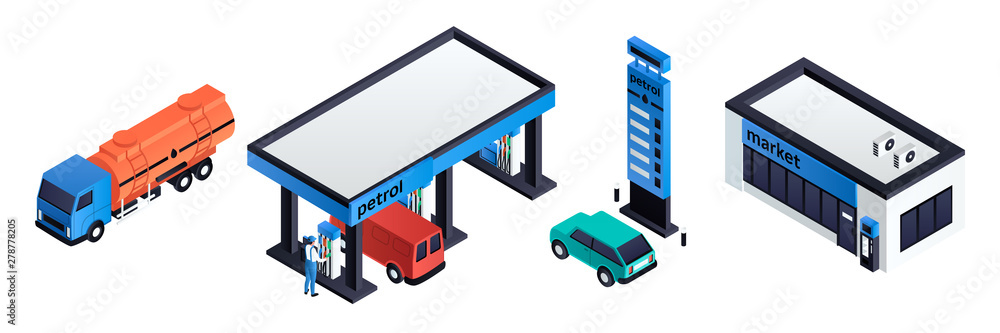 Poster petrol station icons set. isometric set of petrol station vector icons for web design isolated on wh