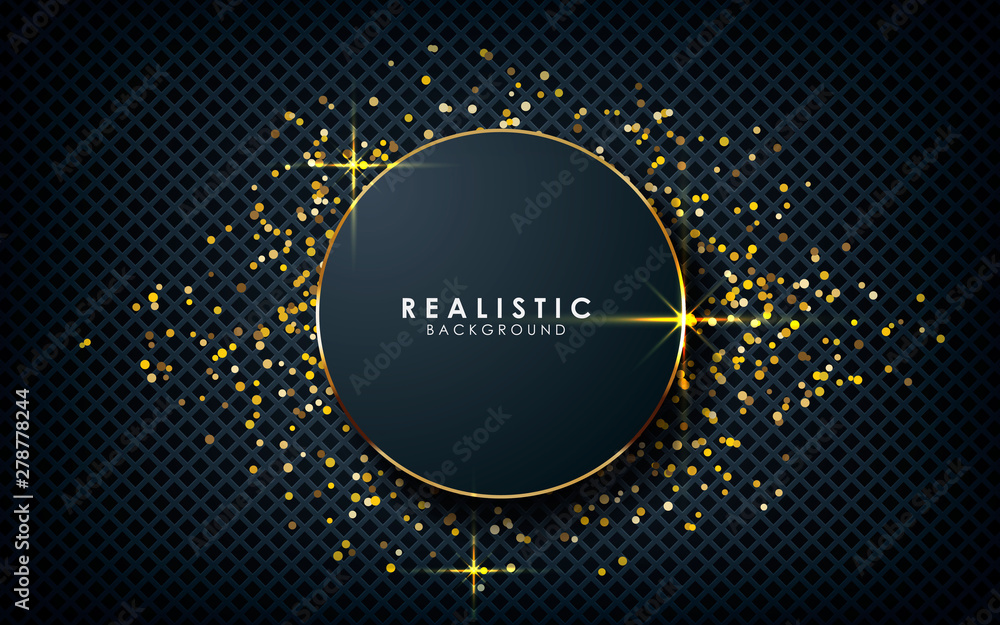Poster gray abstract dimension on dark textured background. realistic overlap layers texture with golden li