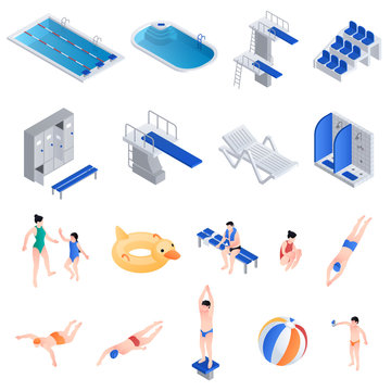 Pool equipment icons set. Isometric set of pool equipment vector icons for web design isolated on white background