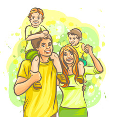Family. Graphic, hand-drawn, color comic strip depicting happy parents hold children on their shoulders