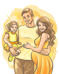 Family. Graphic, hand-drawn, color comic strip depicting happy father hugs pregnant wife and holds daughter in his arms.