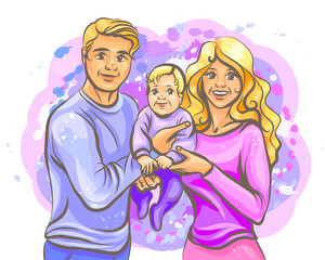 Family. Graphic, hand-drawn, color comic strip depicting happy parents with a baby in their arms.