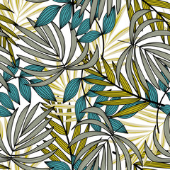 Abstract seamless pattern with colorful tropical leaves and plants on a light background. Vector design. Jungle print. Floral background. Printing and textiles. Exotic tropics. Fresh design.
