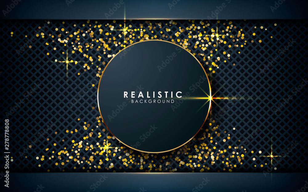 Poster Gray abstract dimension on dark textured background. Realistic overlap layers texture with golden lights and golden glitters element decoration.