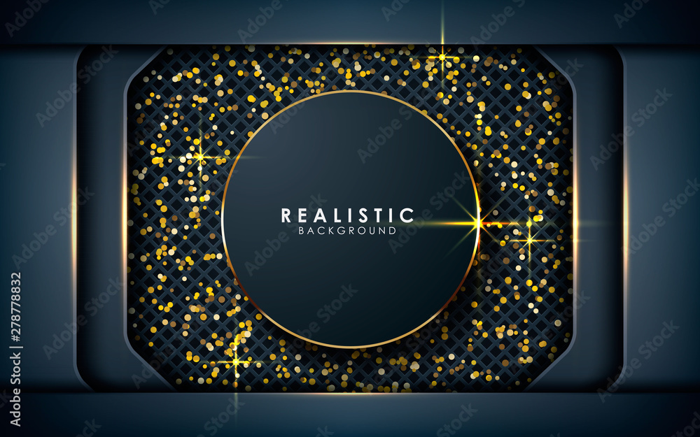 Poster gray abstract dimension on dark textured background. realistic overlap layers texture with golden li