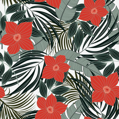 Bright abstract seamless pattern with colorful tropical leaves and plants on white background. Vector design. Jungle print. Floral background. Printing and textiles. Exotic tropics. Fresh design.