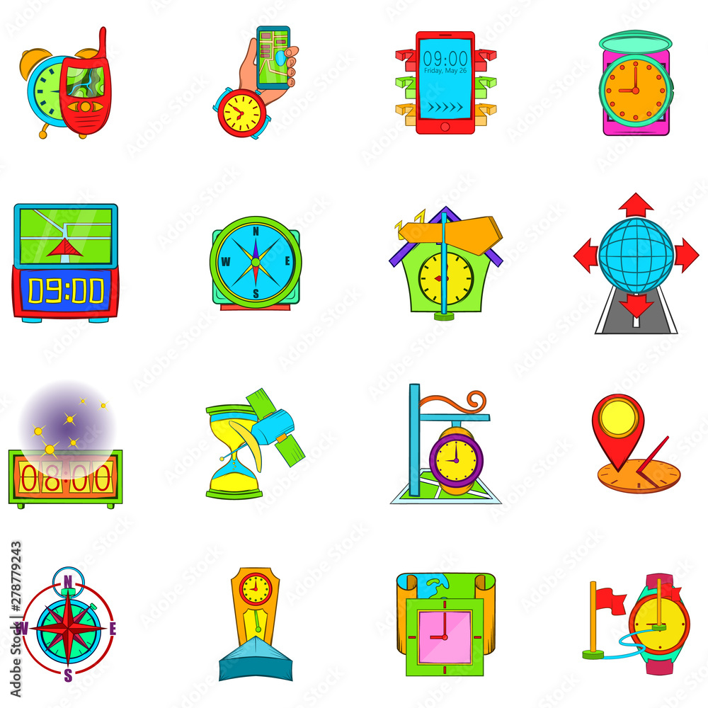 Poster time navigation icons set. cartoon set of 16 time navigation vector icons for web isolated on white 
