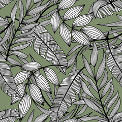 Bright abstract seamless pattern with colorful tropical leaves and plants on green background. Vector design. Jungle print. Floral background. Printing and textiles. Exotic tropics. Fresh design.