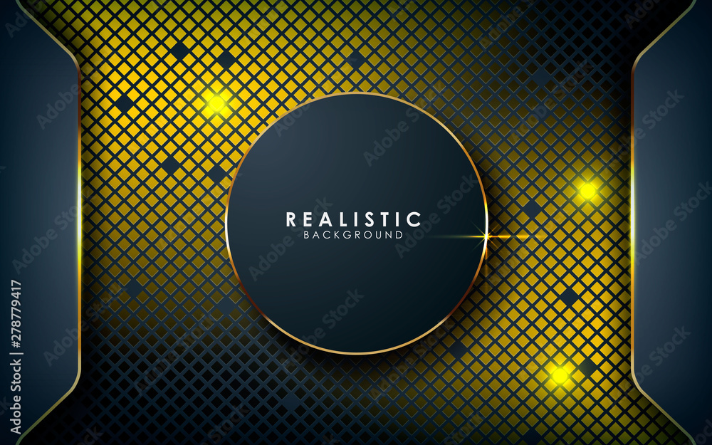 Poster gray abstract dimension on dark textured background. realistic overlap layers texture with golden li