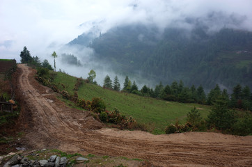 Mountain landscape with dirt road in Himalayas, Solukhumbu region, Nepal